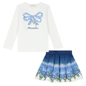 Girls White & Blue Floral Skirt Set